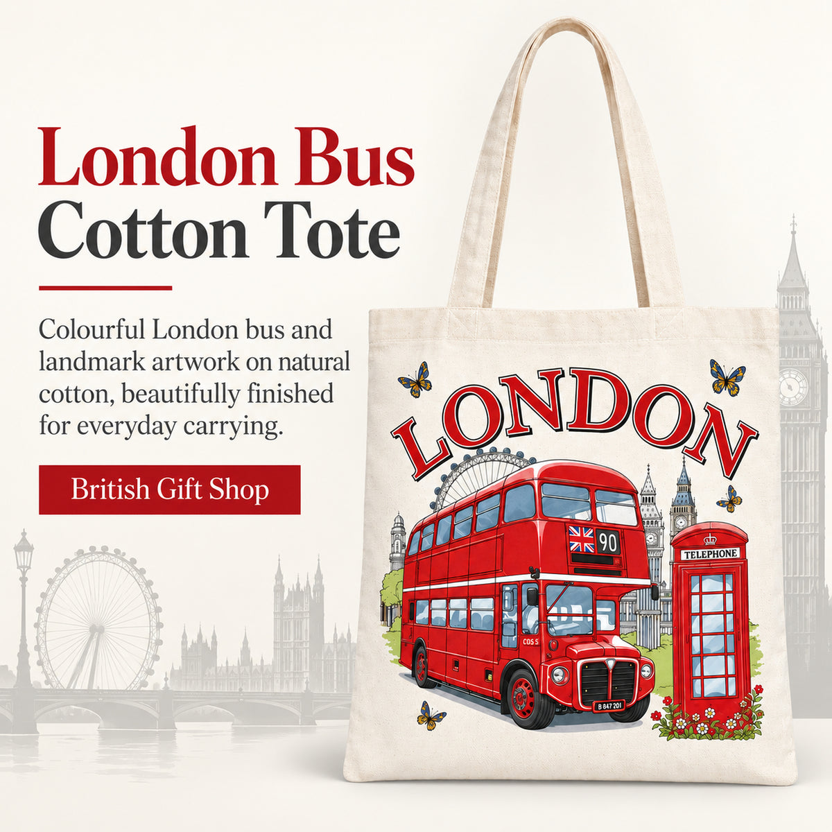 London Bus Large Cotton Tote Bag in a British Gift Shop product advertisement