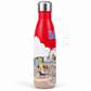 Red water bottle with a cityscape design and 'LO' on a white background