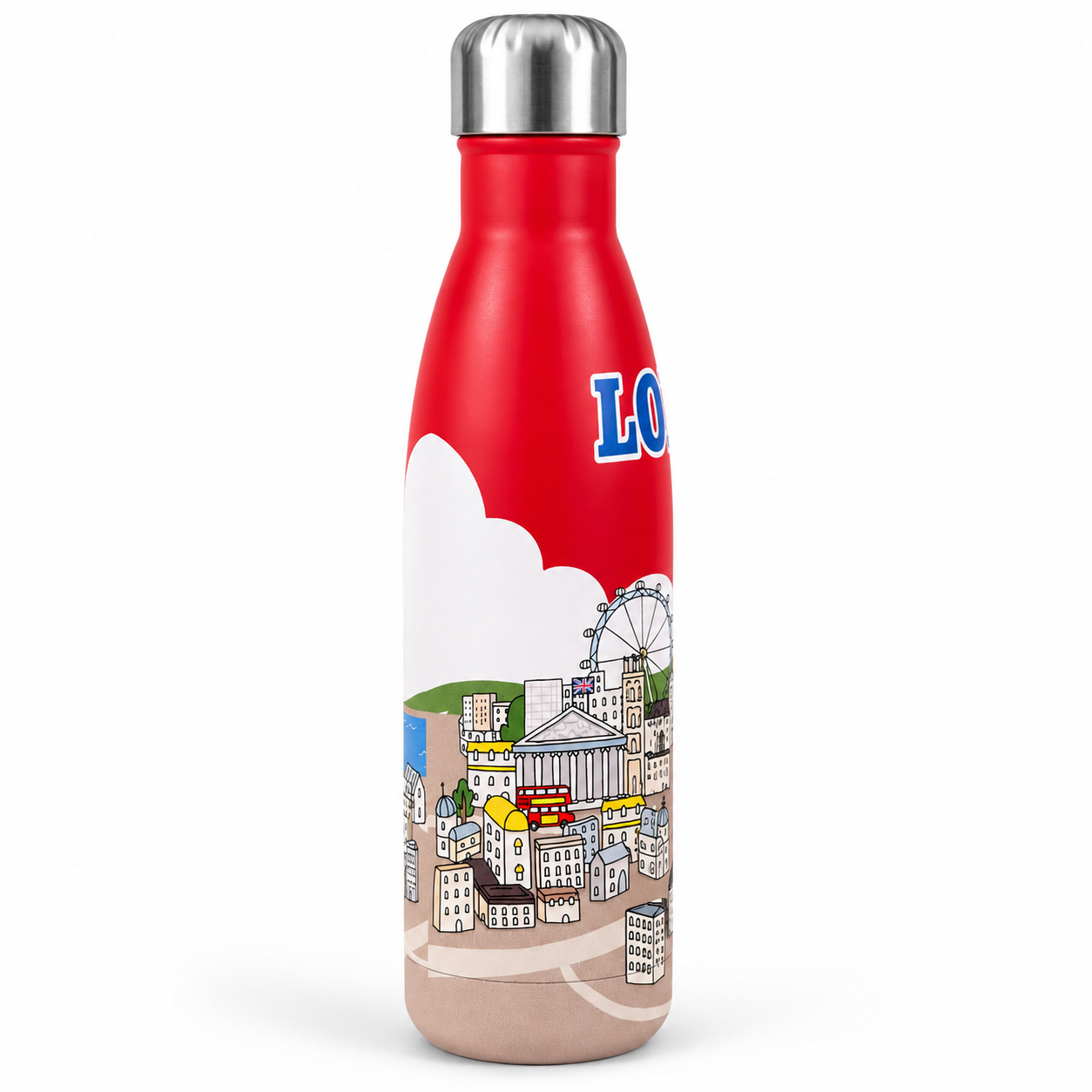 Red water bottle with a cityscape design and 'LO' on a white background