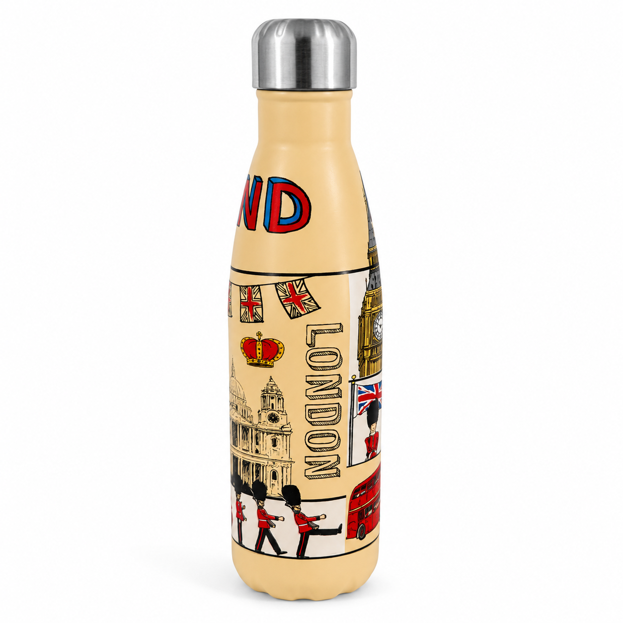 Water bottle with London-themed design on a white background