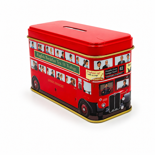 Red double-decker bus-shaped tin with images of people on a white background