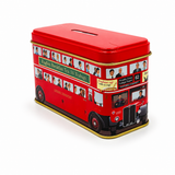 Red double-decker bus-shaped tin with images of people on a white background