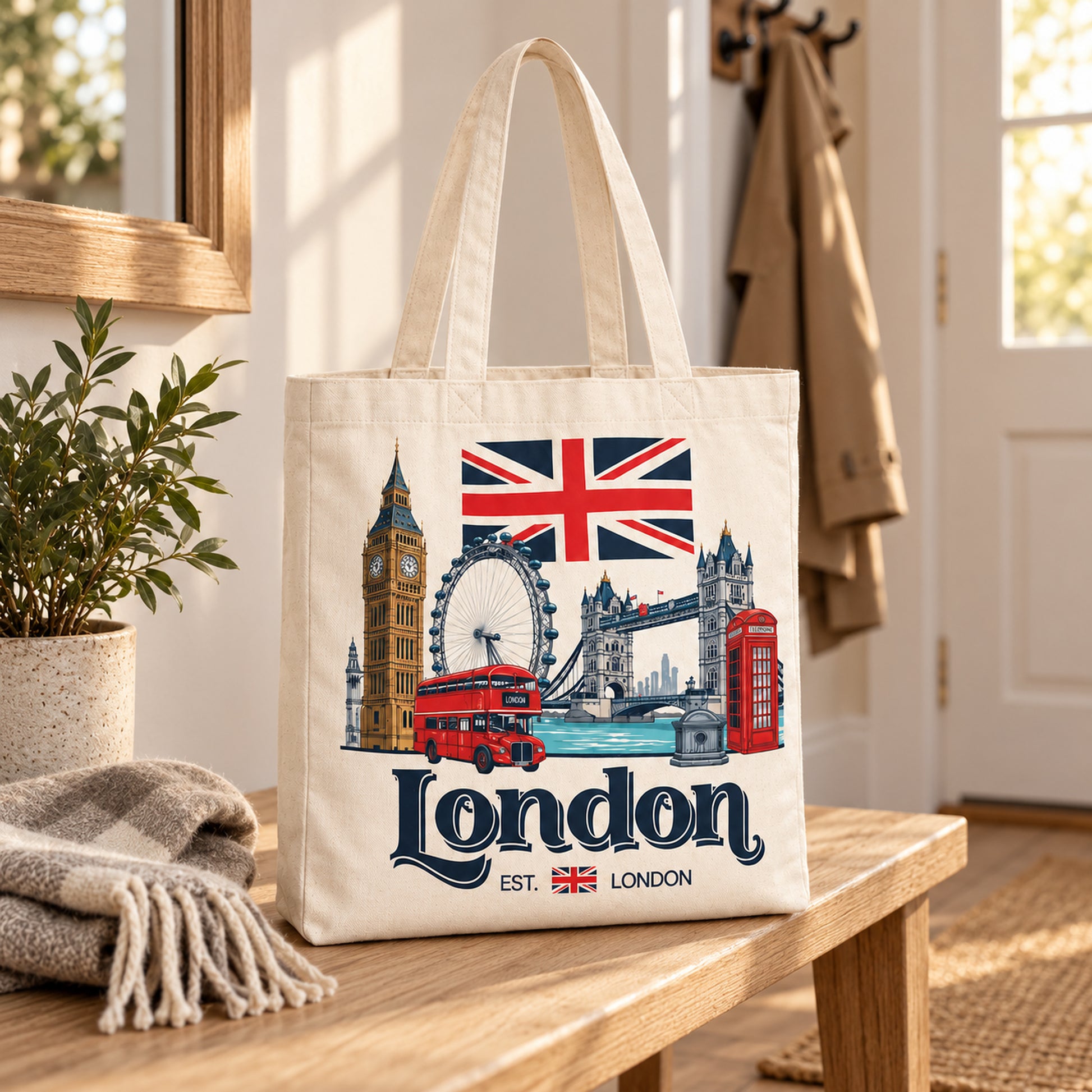 London EST Large Cotton Tote Bag in a styled lifestyle setting