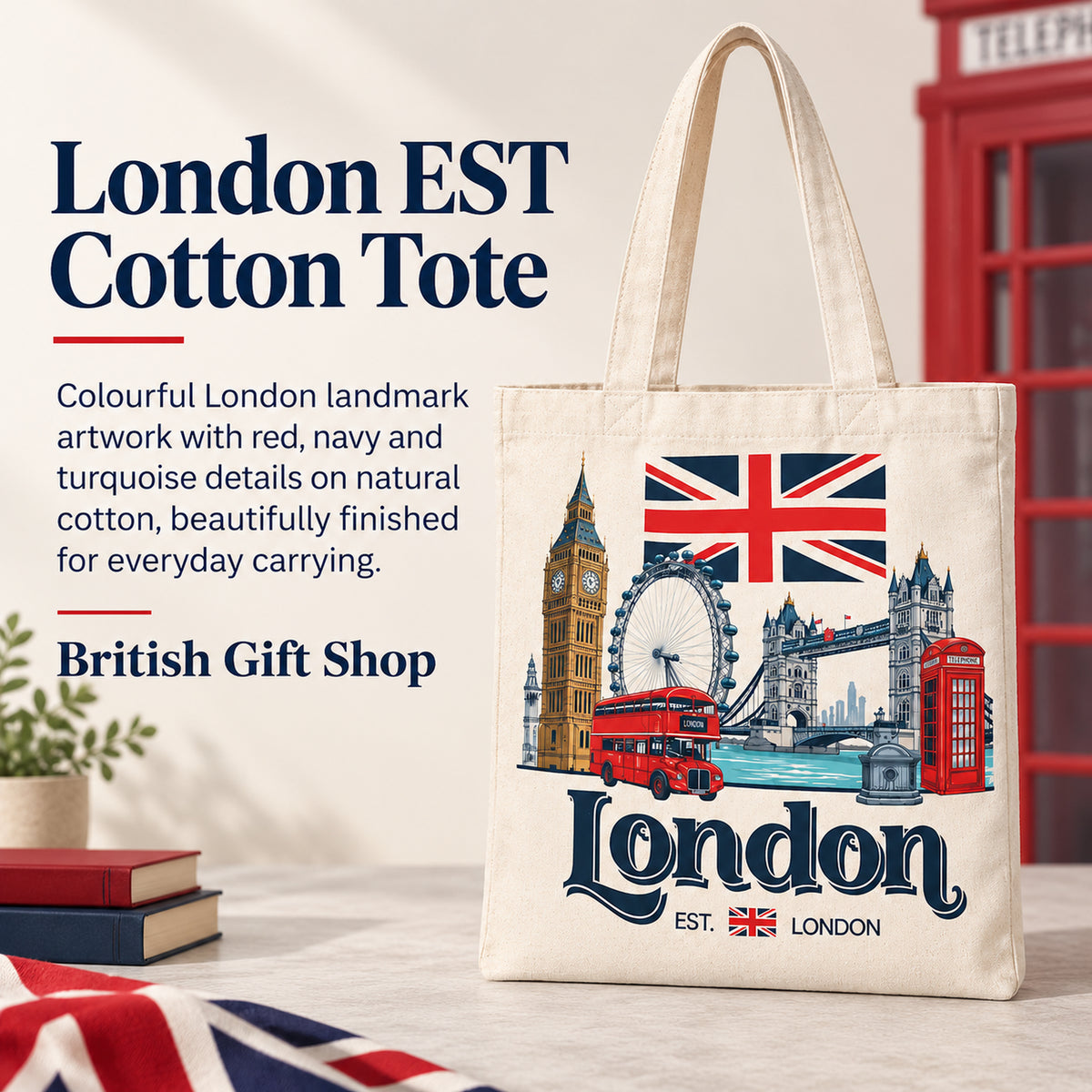 London EST Large Cotton Tote Bag in a British Gift Shop product advertisement