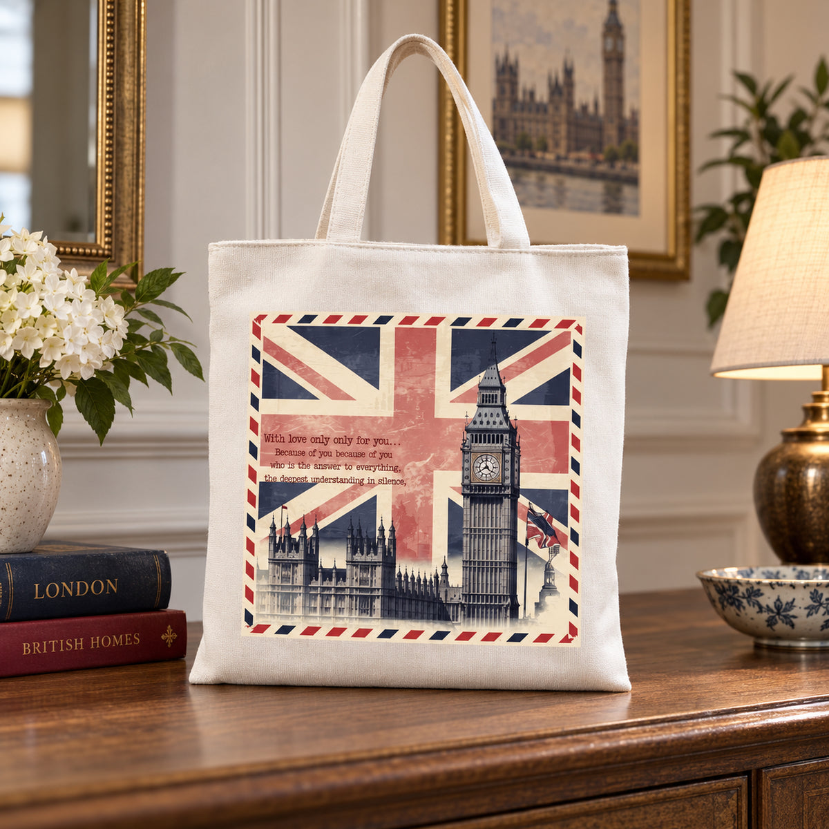 London EST Medium Cotton Tote Bag in a styled lifestyle setting