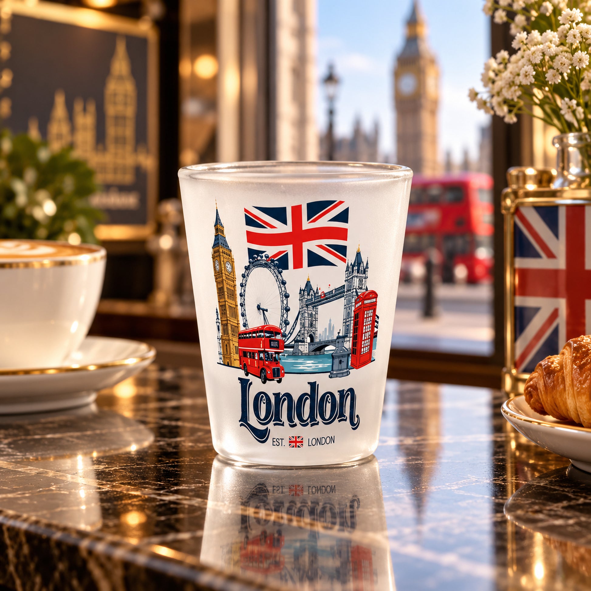 London EST Shot Glass in a styled lifestyle setting