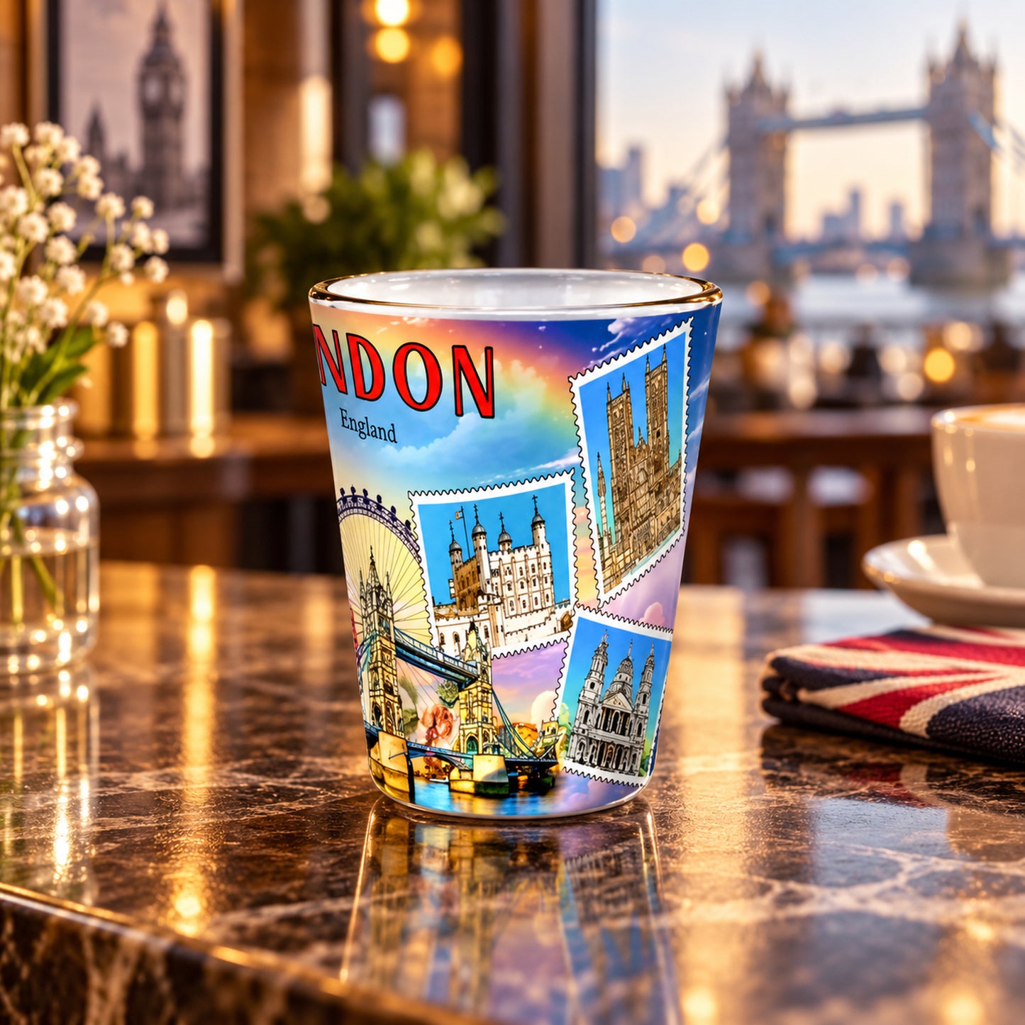 London Panorama Shot Glass in a styled lifestyle setting