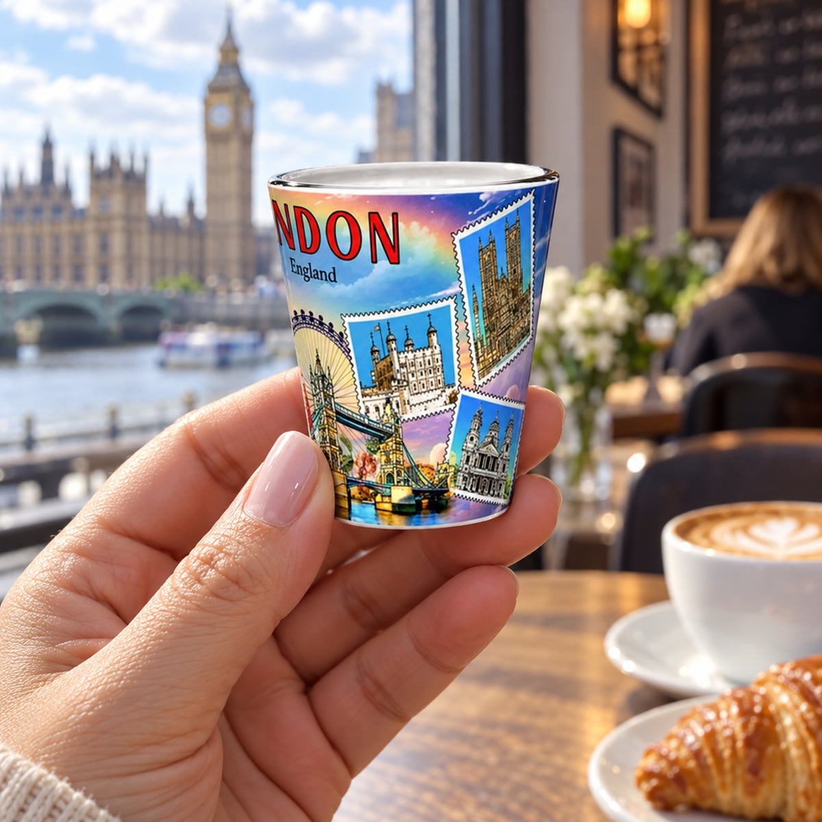 London Panorama Shot Glass shown naturally in use in the UK