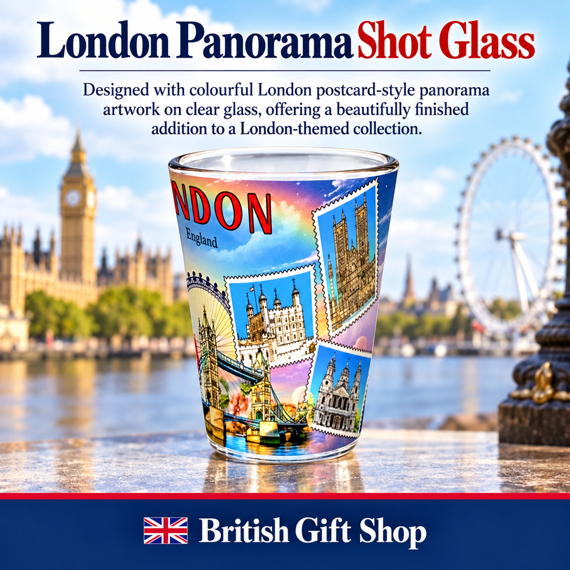London Panorama Shot Glass in a British Gift Shop product advertisement