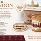 Advertisement graphic featuring a London souvenir mug with pink, gold and red landmark design