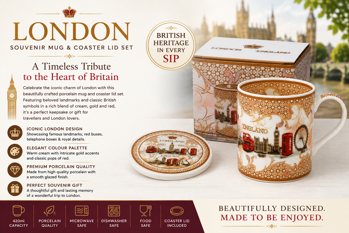 Advertisement graphic featuring a London souvenir mug with pink, gold and red landmark design