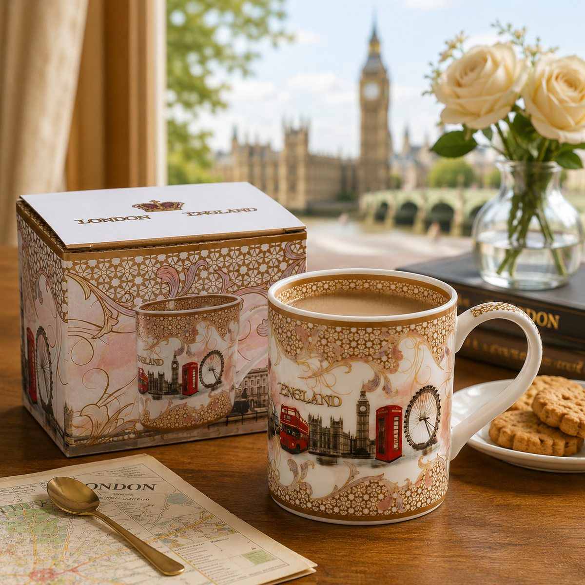 Pink and gold London souvenir mug styled in a warm wooden tabletop scene