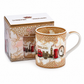 White London souvenir mug with pink and gold decorative detailing, red bus and landmark illustrations