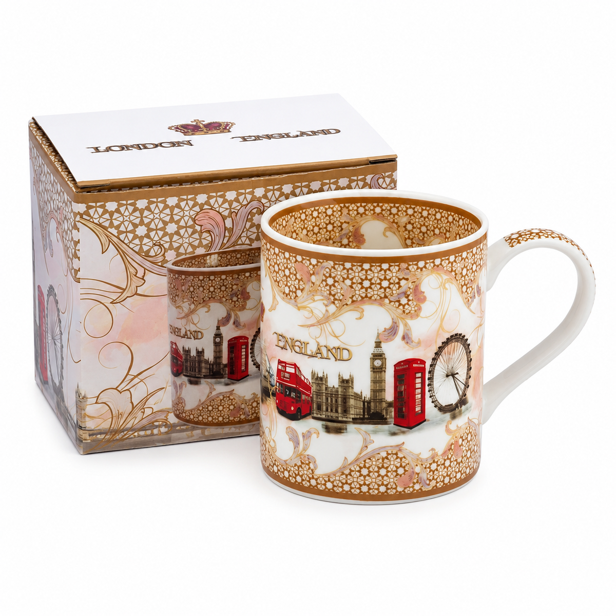 White London souvenir mug with pink and gold decorative detailing, red bus and landmark illustrations