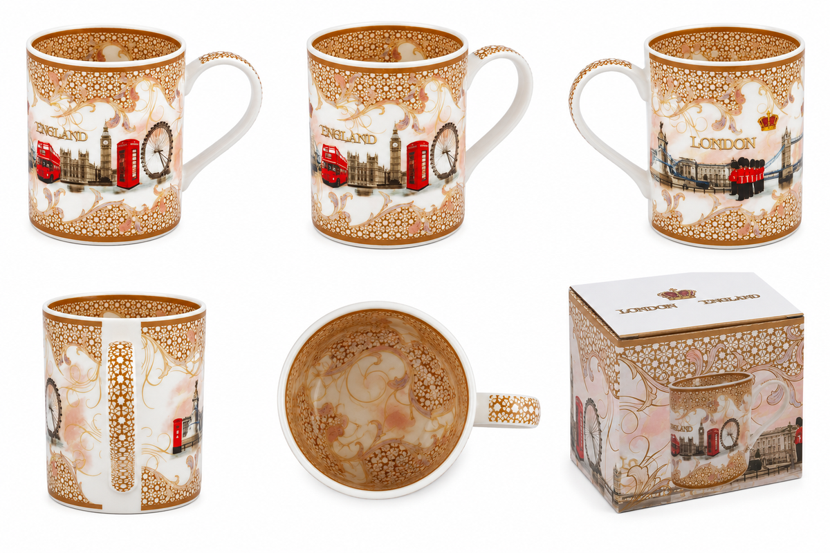 London landmark souvenir mug shown in a clean white studio composition with ornate pink and gold patterning