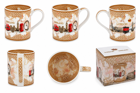 London landmark souvenir mug shown in a clean white studio composition with ornate pink and gold patterning