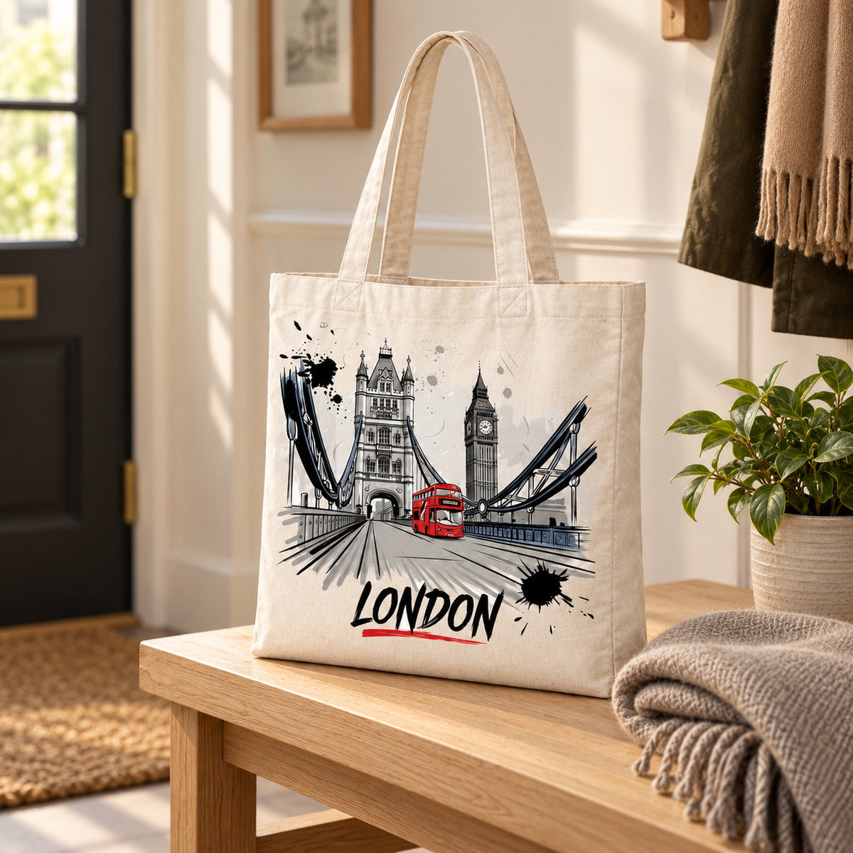 London Sketch Large Cotton Tote Bag in a styled lifestyle setting