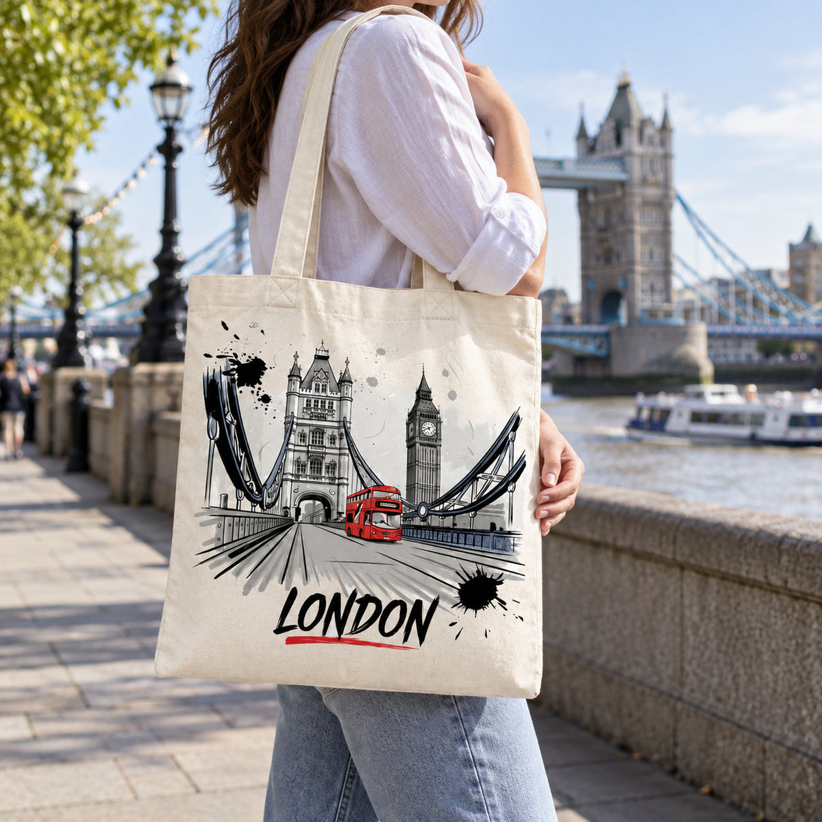 London Sketch Large Cotton Tote Bag shown naturally in use in the UK