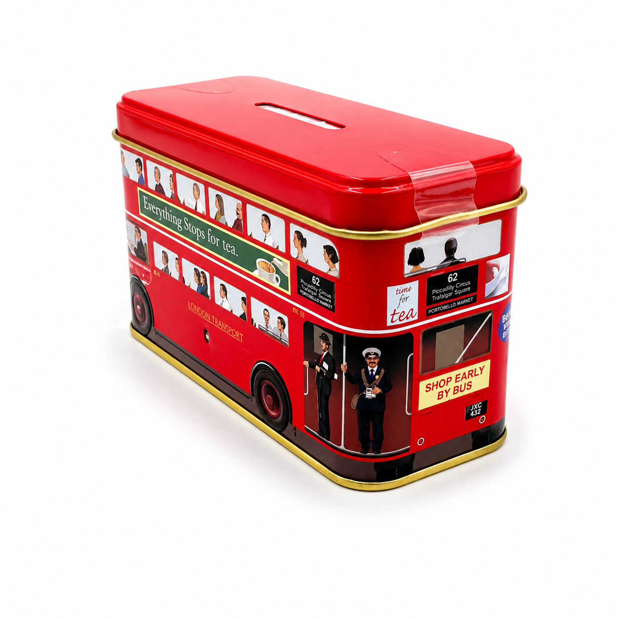 Red double-decker bus-shaped tea tin with images on a white background
