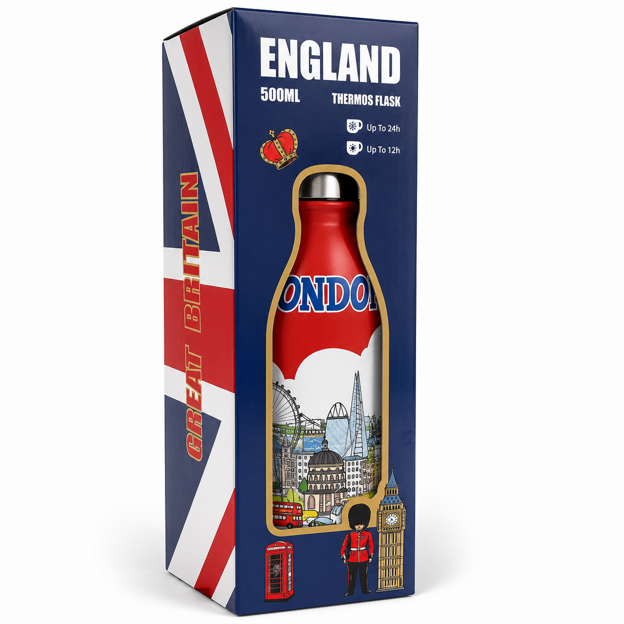 Thermos flask packaging with British design elements on a white background