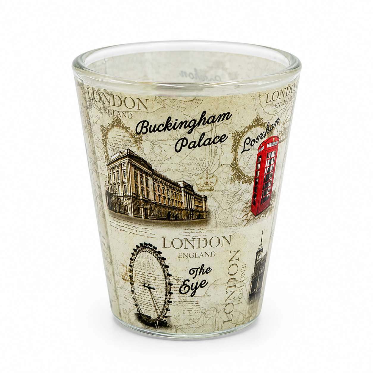 London souvenir shot glass with Big Ben, red bus, taxi and Tower Bridge design on white background