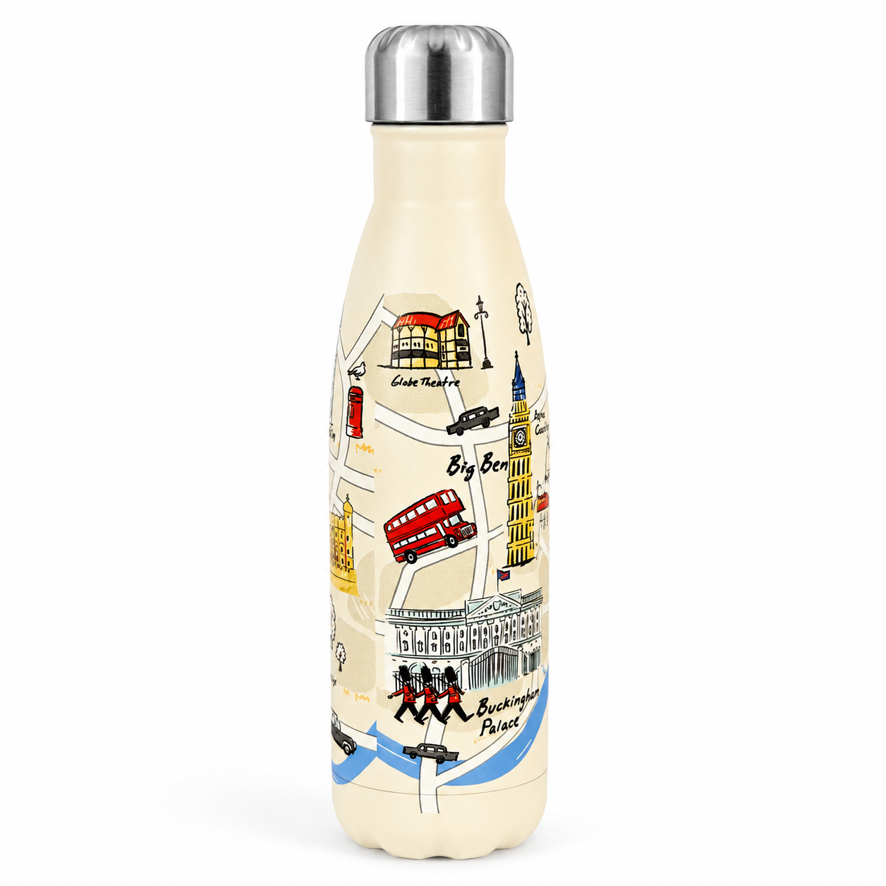 Water bottle with London-themed design on a white background