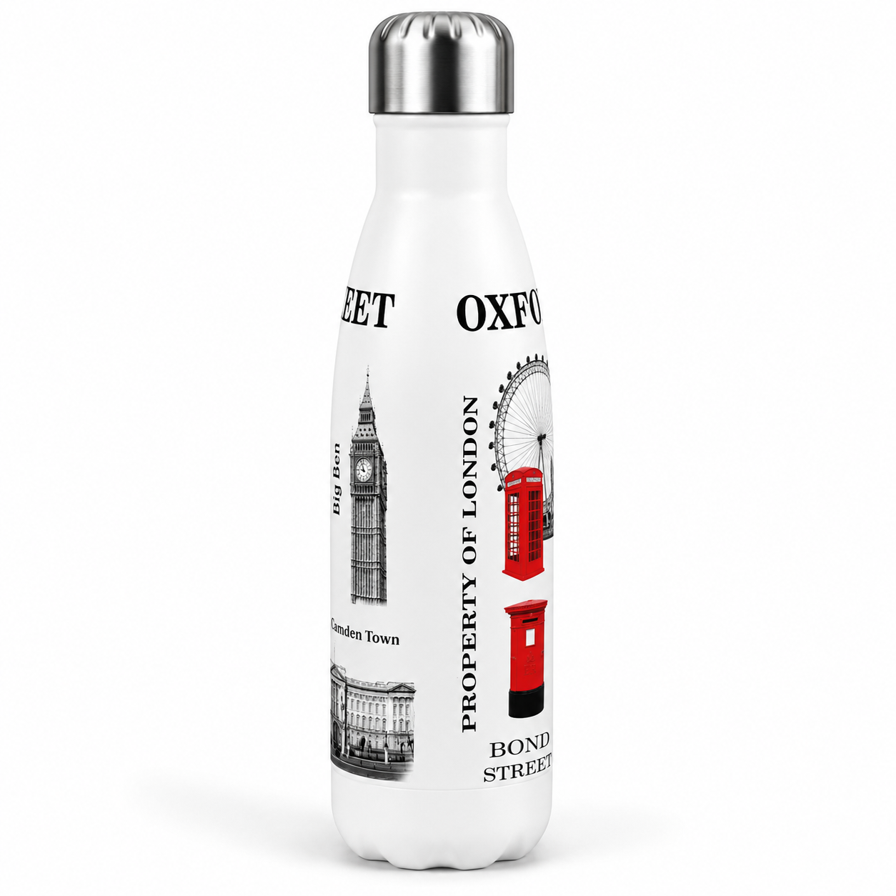 White water bottle with London-themed design on a white background