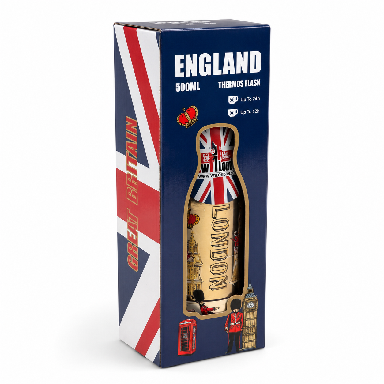 Thermos flask packaging with Union Jack design and 'England' text