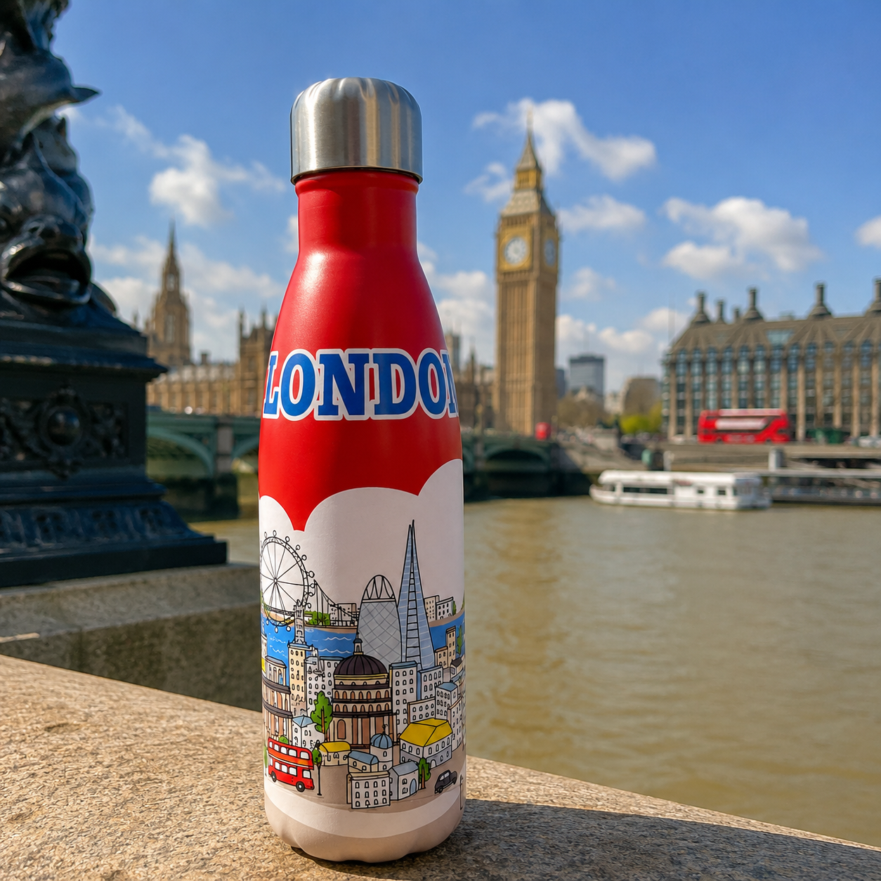 Red water bottle with London-themed design in front of Big Ben and the Houses of Parliament.