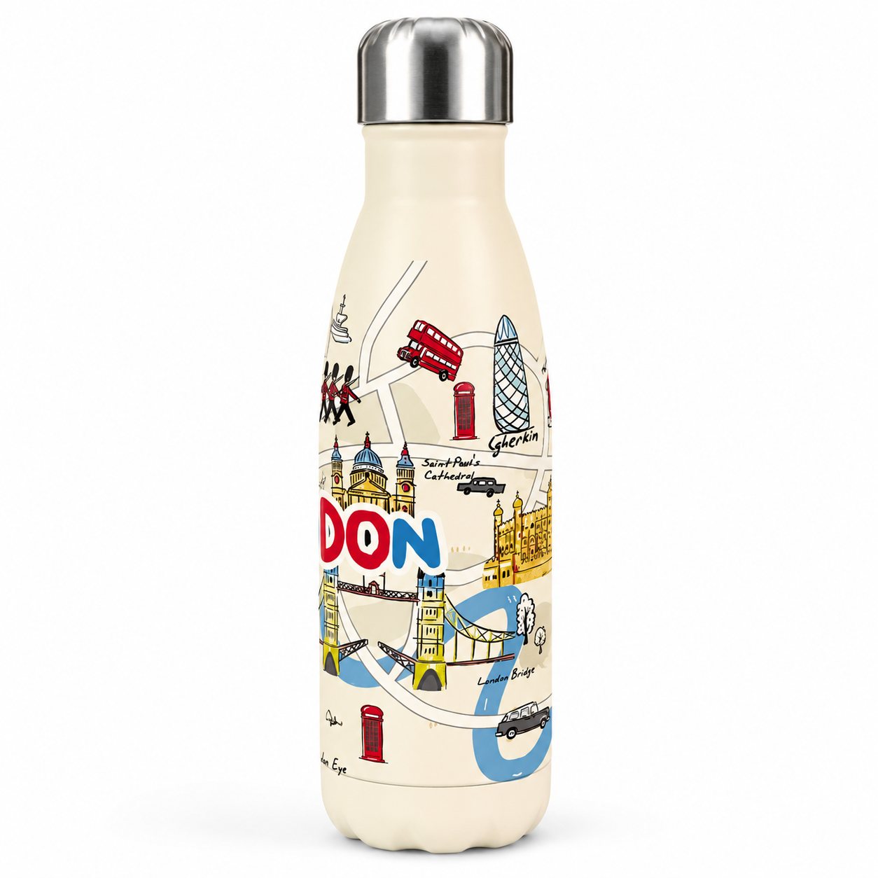 Insulated bottle with London-themed design on a white background
