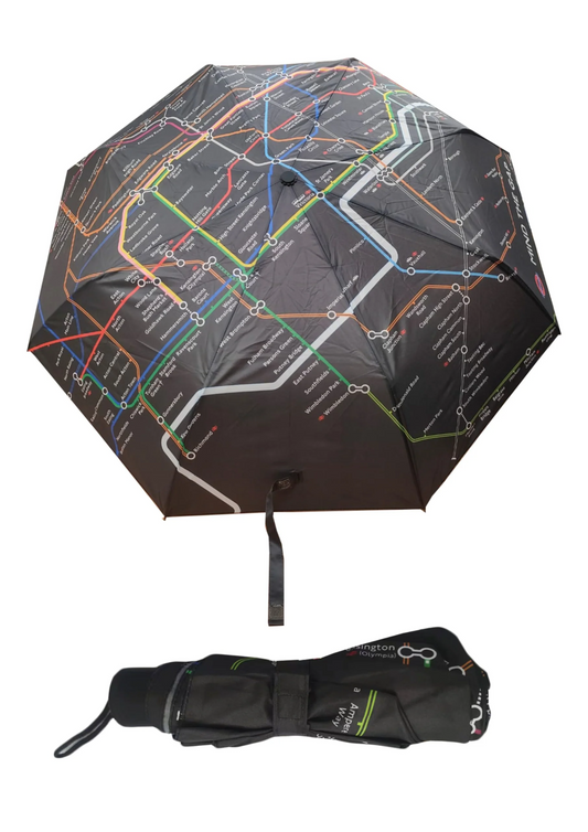 Black folding umbrella with London Underground Tube map design