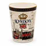White London souvenir tumbler with Union Jack, crown and skyline illustration