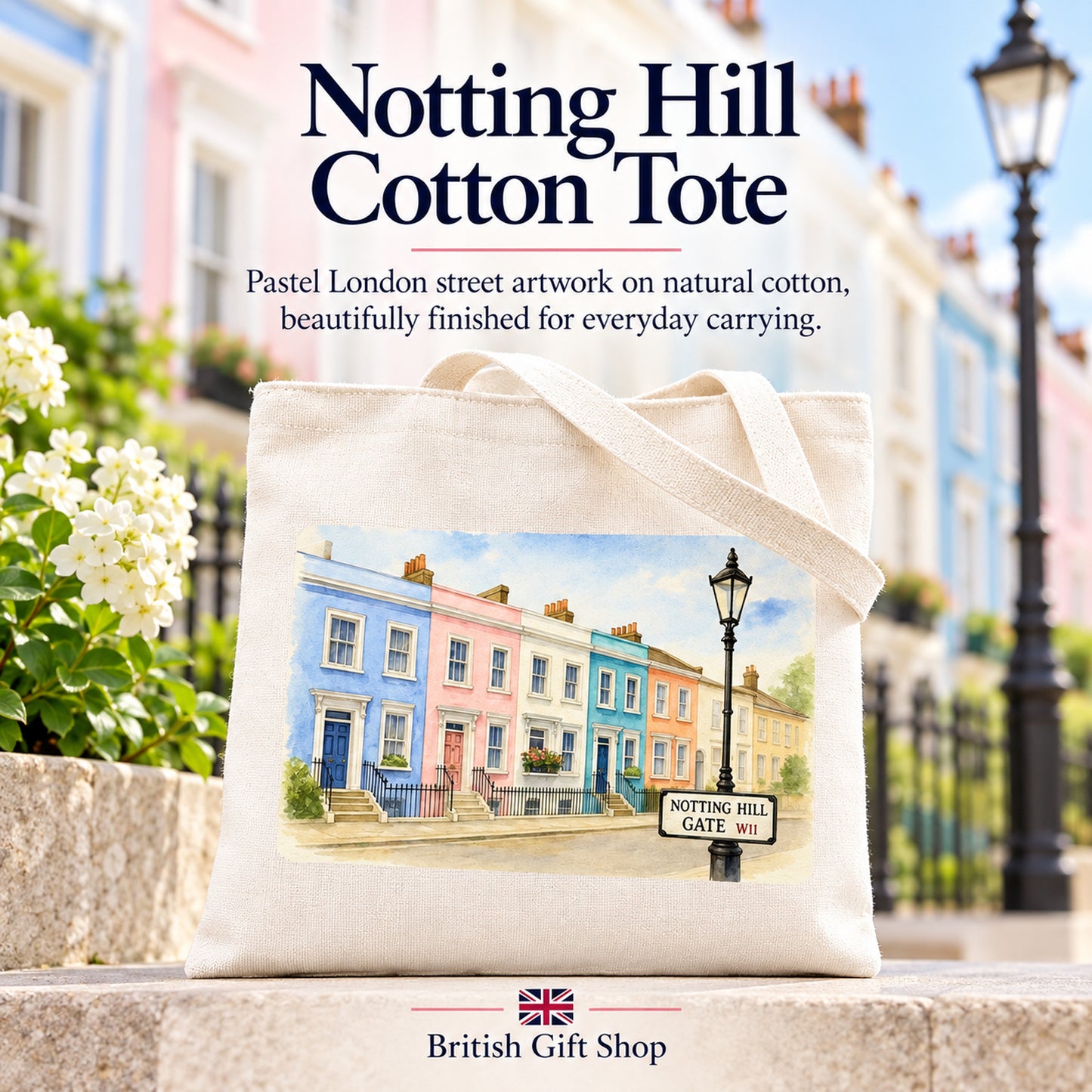 Notting Hill Medium Cotton Tote Bag in a British Gift Shop product advertisement