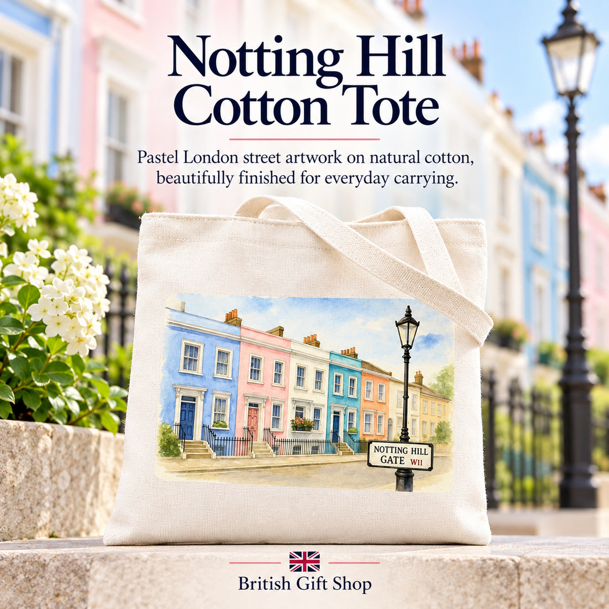 Notting Hill Medium Cotton Tote Bag in a British Gift Shop product advertisement