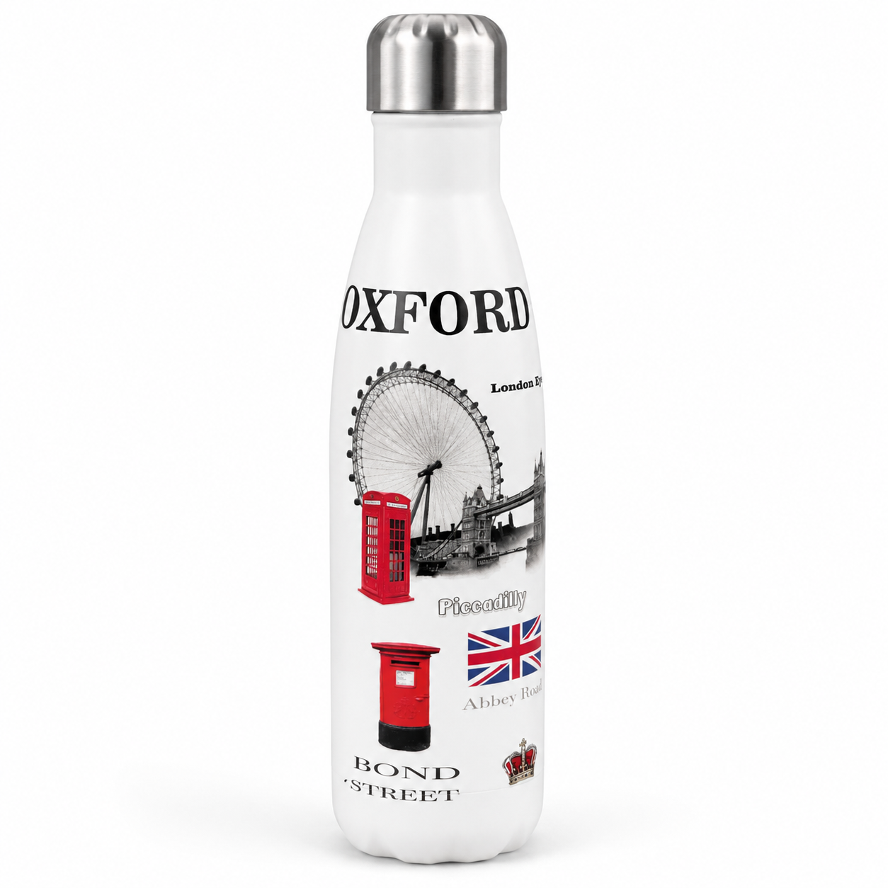 White water bottle with London-themed design on a white background