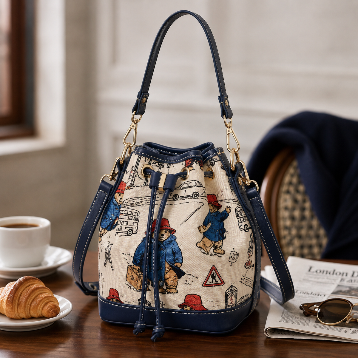 Paddington Bear print bucket bag displayed on a café table beside a croissant, coffee, newspaper and sunglasses.