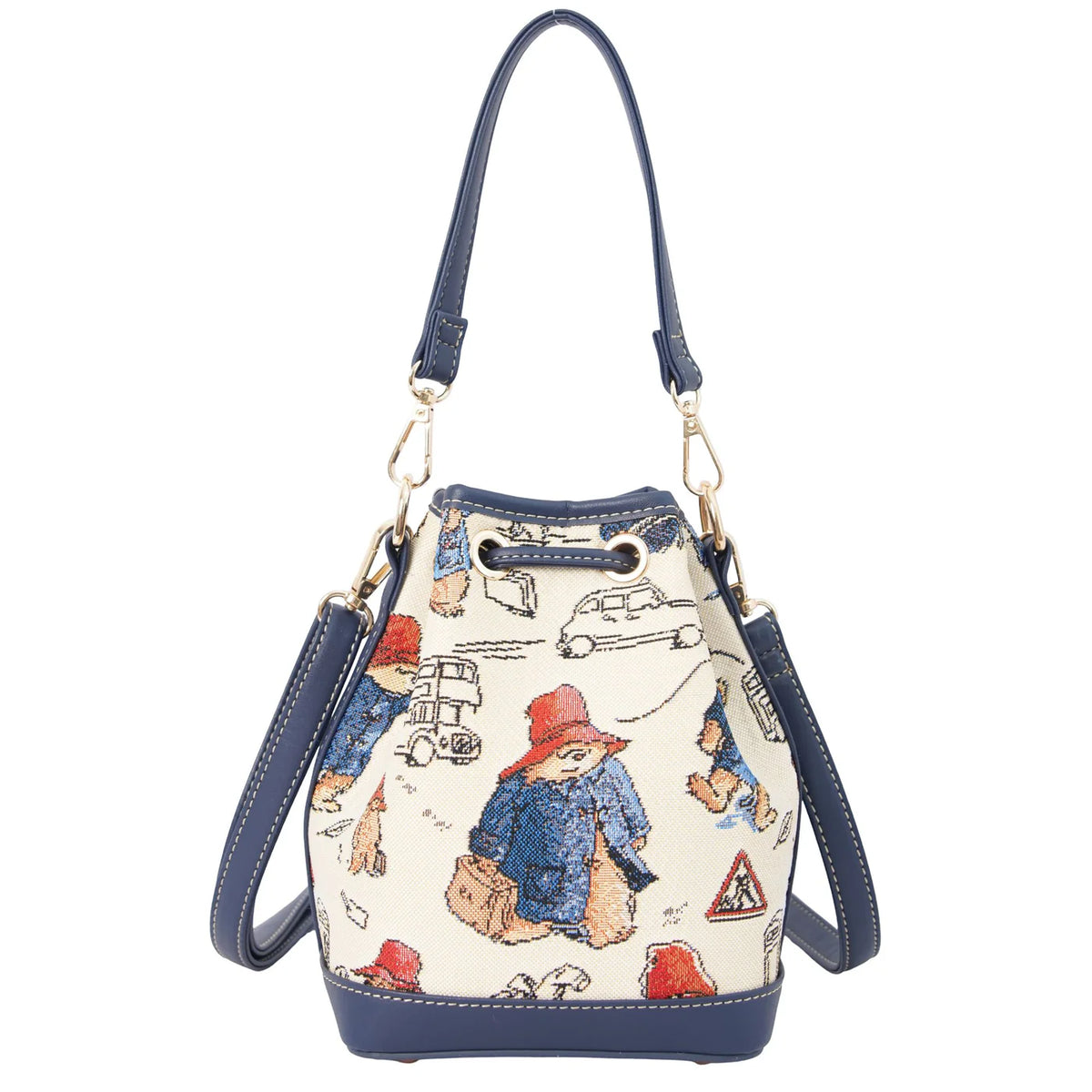 bag-front-view.jpg
Front view of a cream Paddington Bear print bucket bag with navy trim, drawstring closure and shoulder straps.
