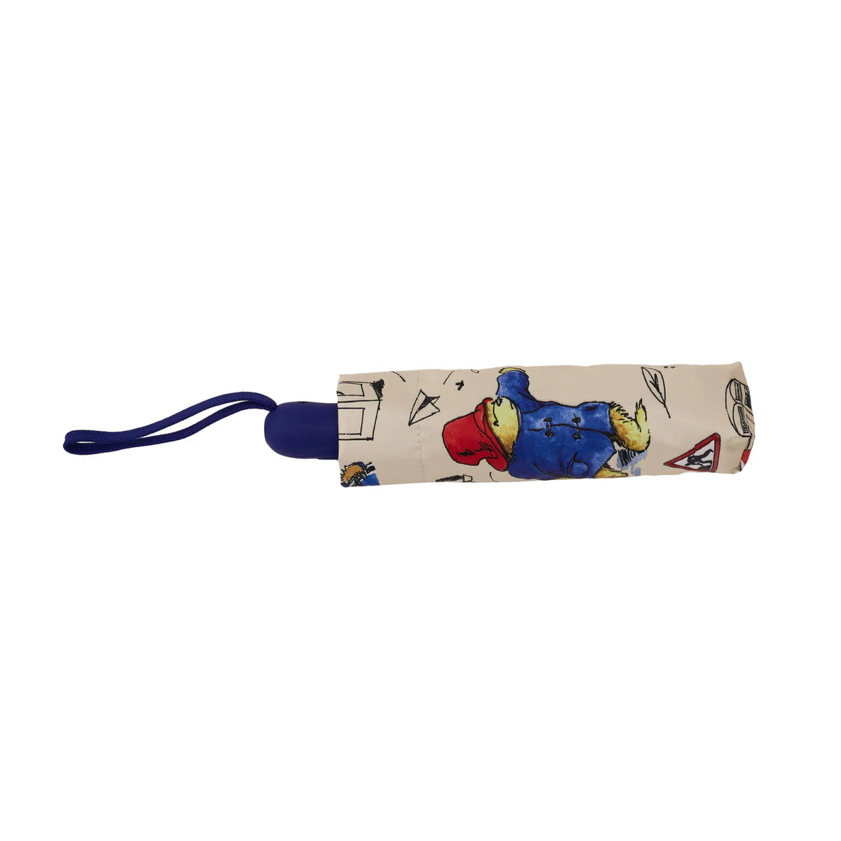Folded cream Paddington Bear print umbrella with a navy handle and wrist strap