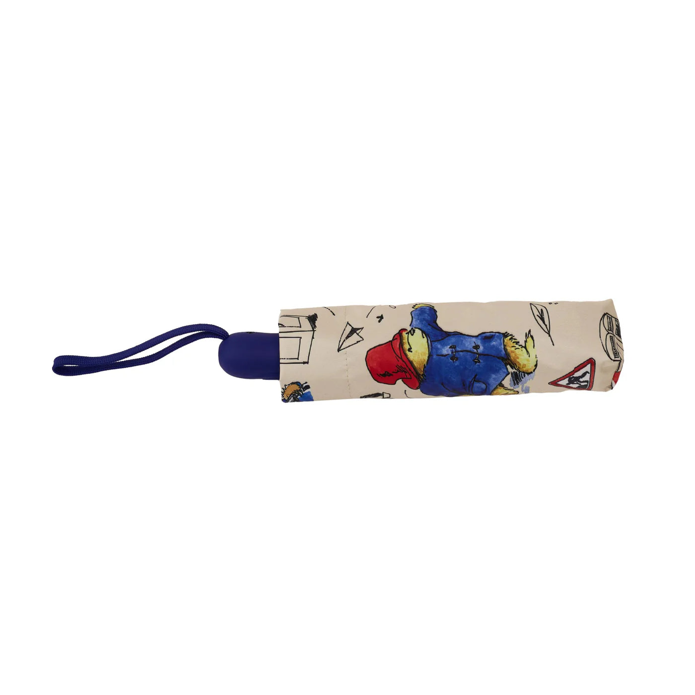 Folded cream Paddington Bear print umbrella with a navy handle and wrist strap