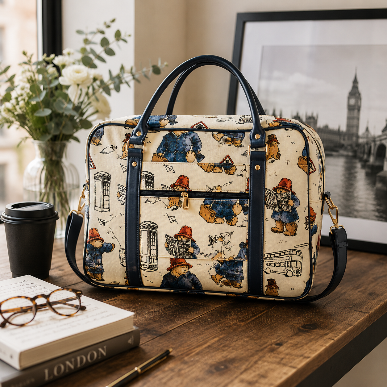 Paddington Bear print laptop bag displayed on a wooden desk beside a coffee cup, glasses, book and framed London photograph.