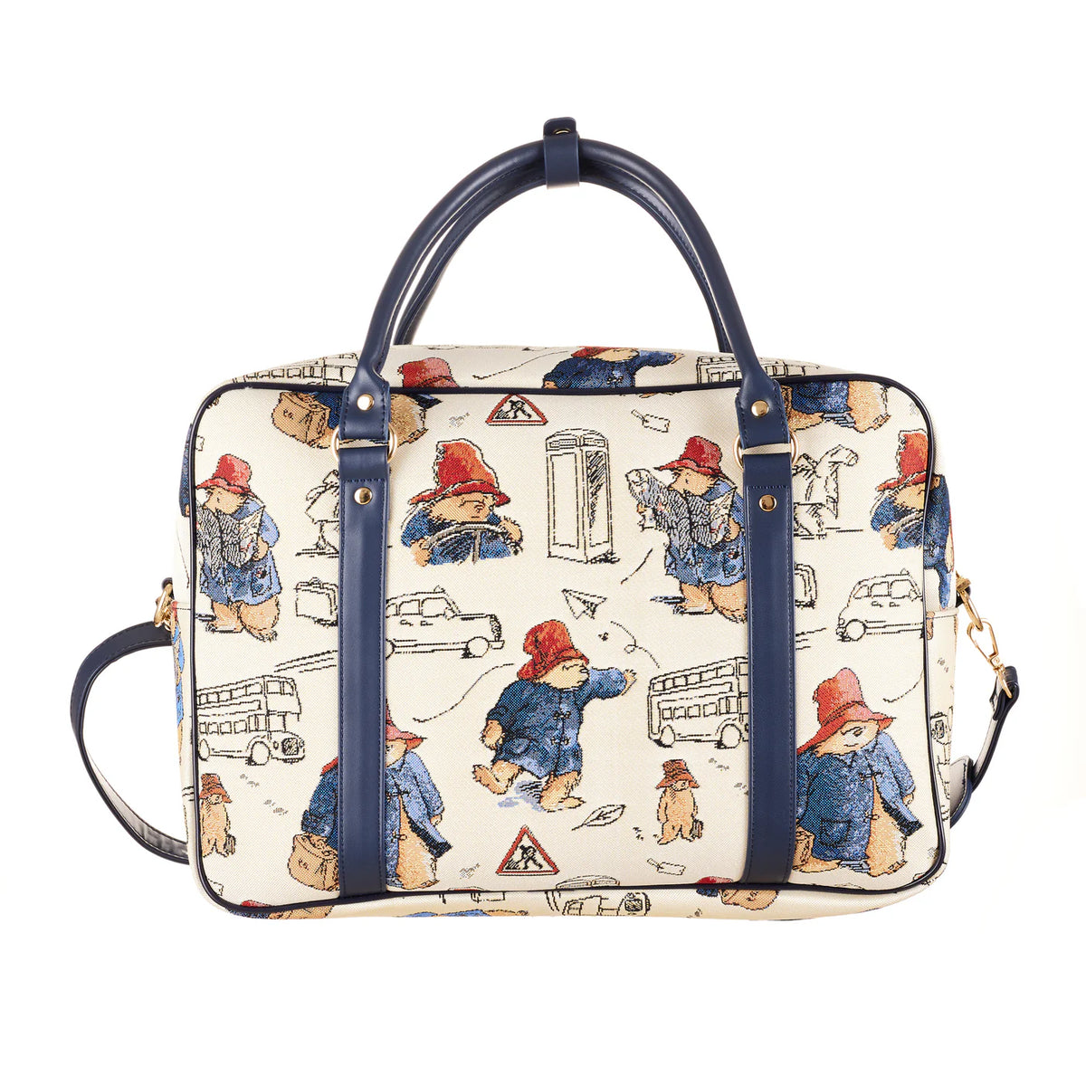 Front view of a cream Paddington Bear print laptop bag featuring navy handles, trim and colourful London-themed illustrations