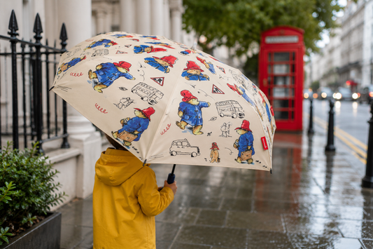 Person in a yellow raincoat holding a cream Paddington Bear print umbrella on a rainy London street, with a red telephone box in the background.
Outside the flower shop: