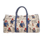 Front view of a cream Paddington Bear print weekend travel bag with navy handles and trim.