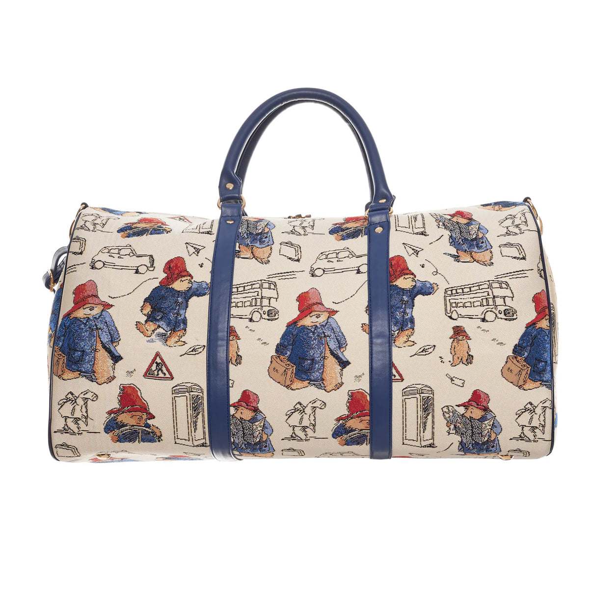 Front view of a cream Paddington Bear print weekend travel bag with navy handles and trim.