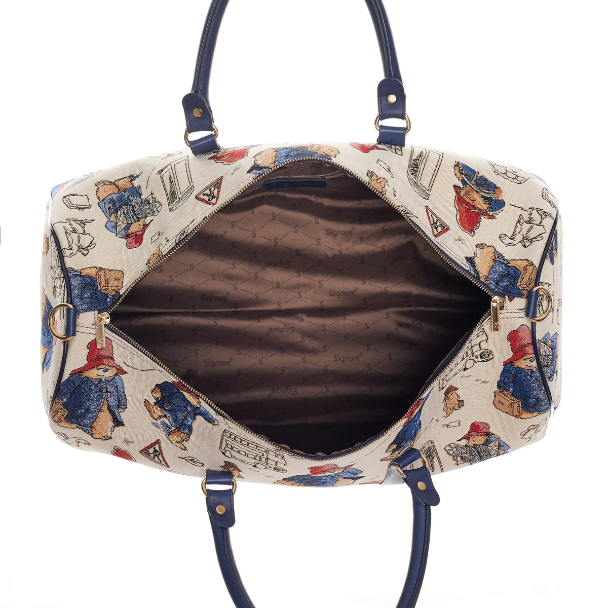 Open Paddington Bear print weekend travel bag showing the spacious brown lined interior and internal zip pocket.