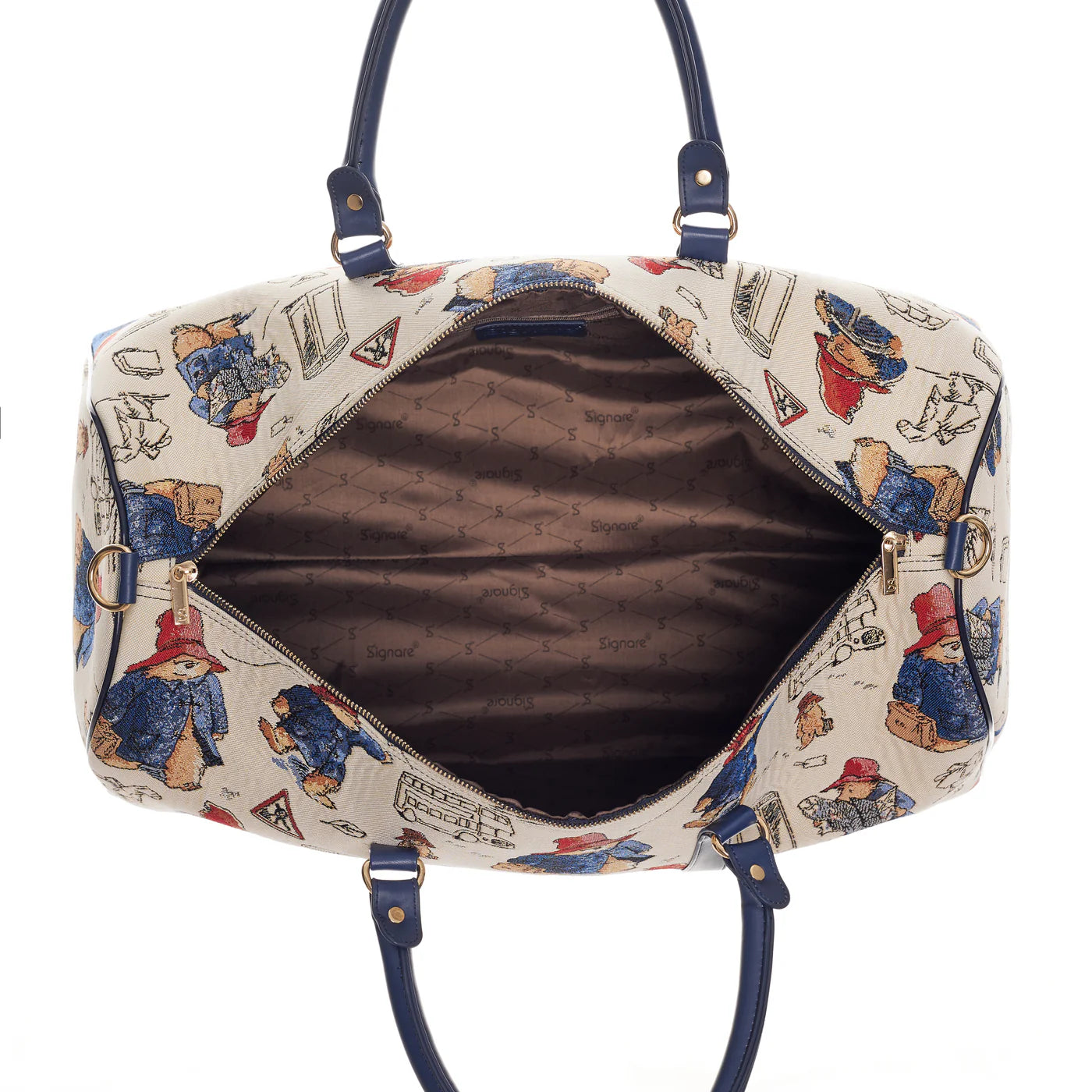 Open Paddington Bear print weekend travel bag showing the spacious brown lined interior and internal zip pocket.