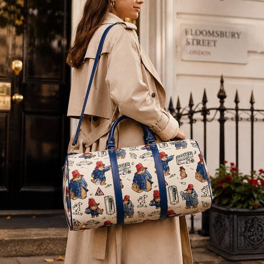 Woman carrying a cream Paddington Bear print weekend travel bag with navy handles and shoulder strap on a London street.