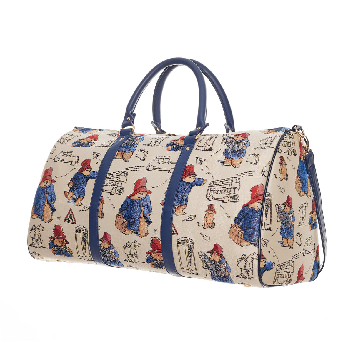 Cream Paddington Bear print weekend travel bag with navy handles, trim and detachable shoulder strap.