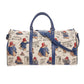 Front view of the Paddington Bear print weekend bag with navy handles and detachable shoulder strap.