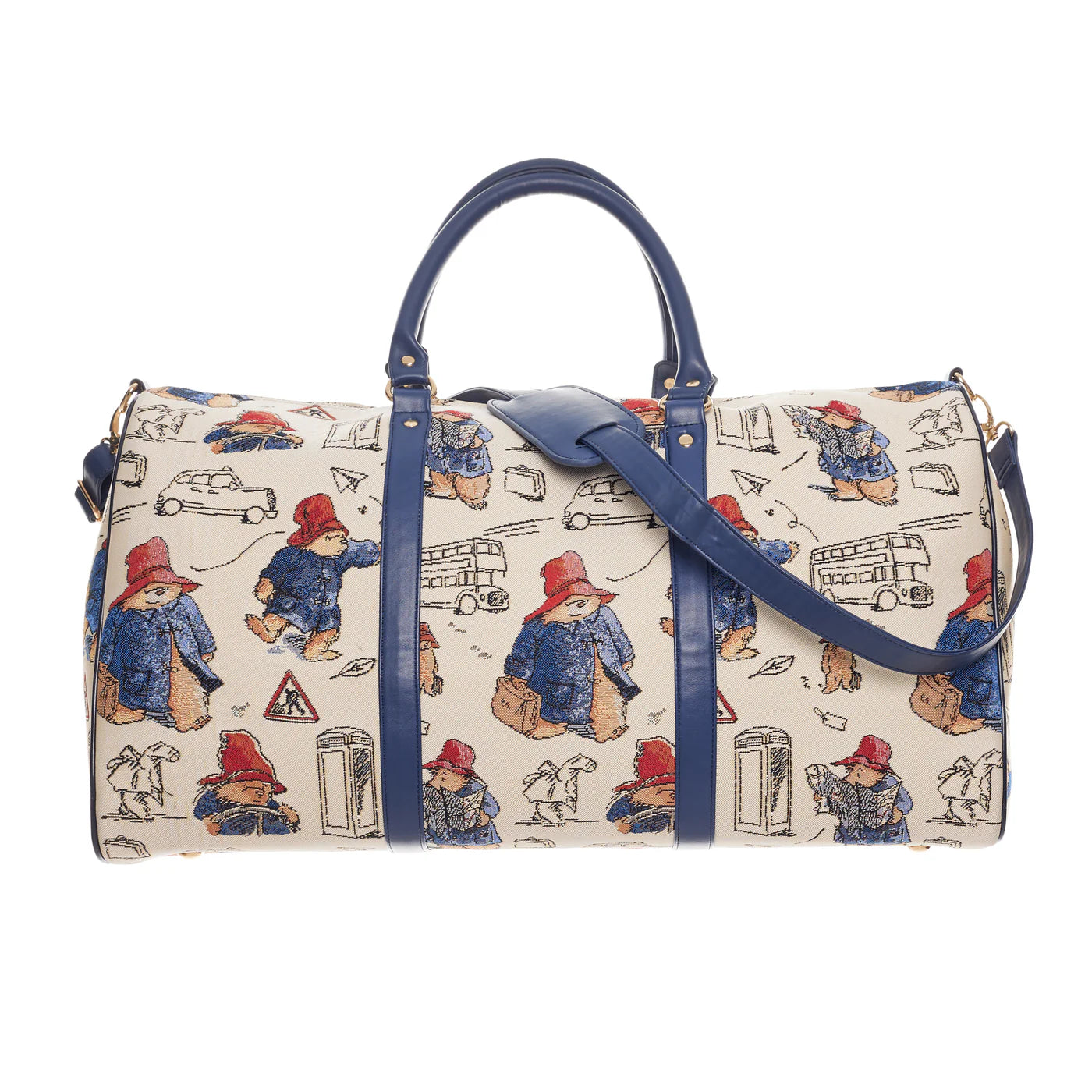 Front view of the Paddington Bear print weekend bag with navy handles and detachable shoulder strap.